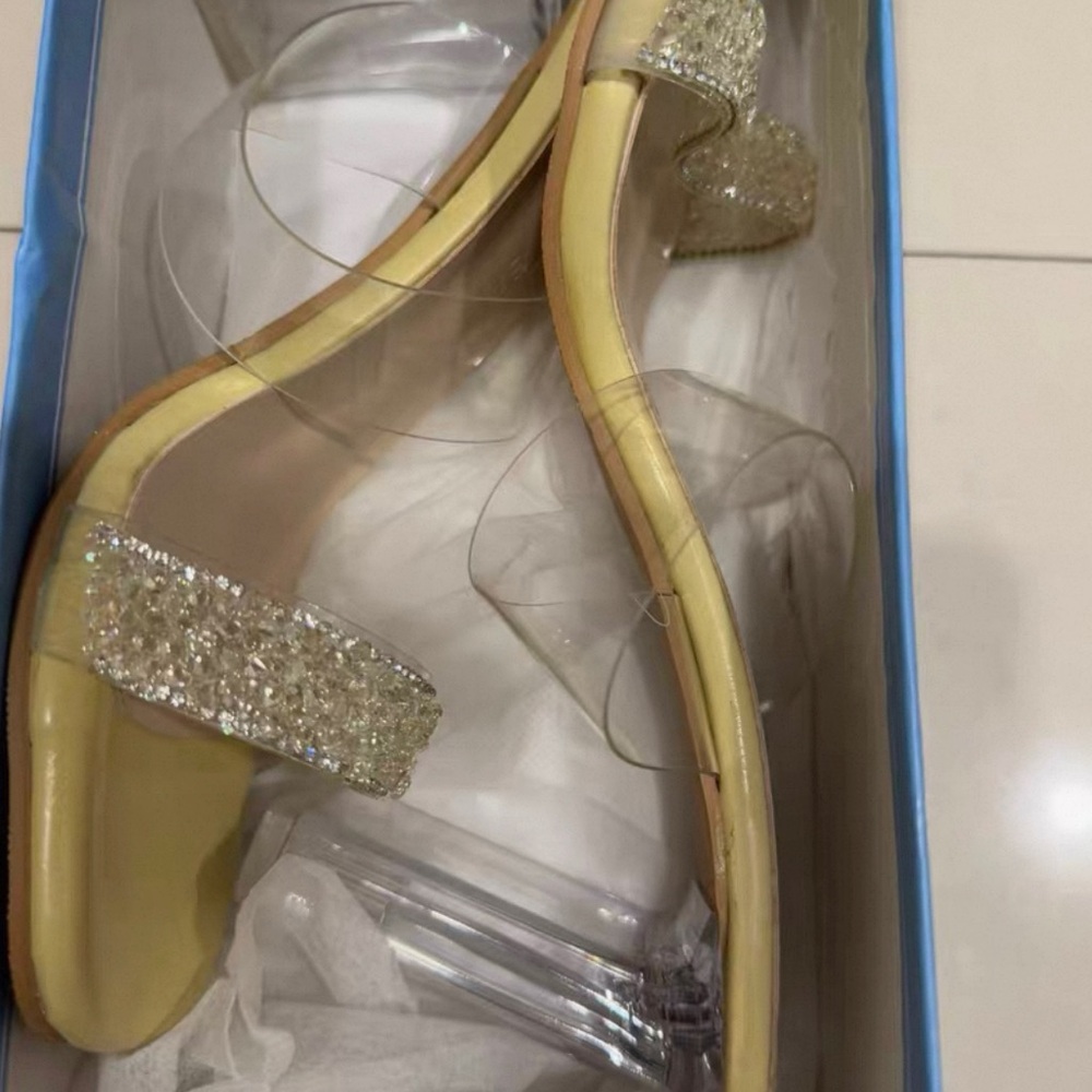 Crystal Strap Clear Heel Sandals in Pale Yellow